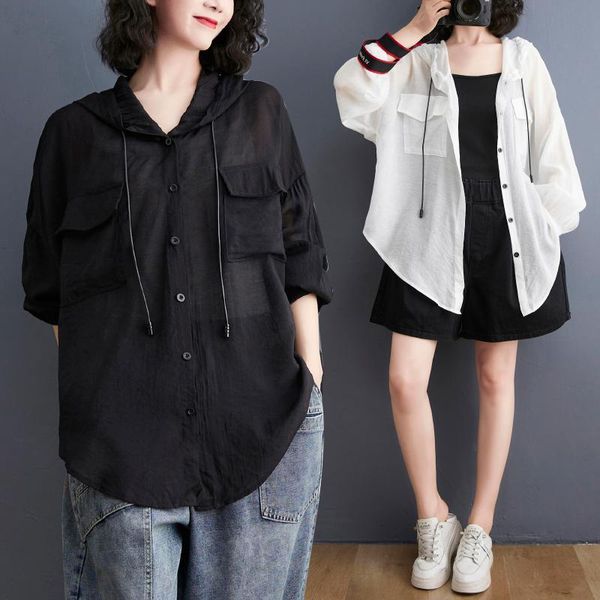 women's blouses & shirts hooded shirt summer loose fat mm large solid color drawstring material light sunscreen, White
women's blouses & shirts hooded shirt summer loose fat mm large solid color drawstring material light sunscreen, White