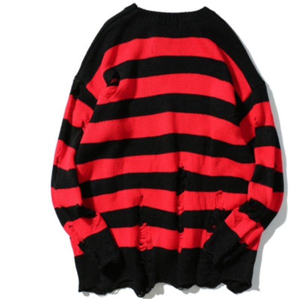men's sweaters black red striped washed destroyed ripped sweater men hole knit jumpers women oversized, White;black
men's sweaters black red striped washed destroyed ripped sweater men hole knit jumpers women oversized, White;black
