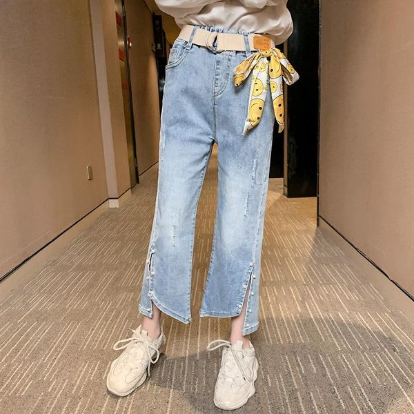 jeans ins girlsjeans 4-13 years old cotton washed kids korean pearl split flared pants with belt bow girls, Blue
jeans ins girlsjeans 4-13 years old cotton washed kids korean pearl split flared pants with belt bow girls, Blue