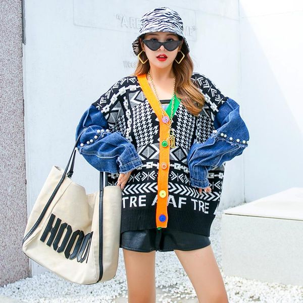 women's sweaters autumn and winter loose wool sweater retro denim stitching v-neck fashion brand beaded cardigan, White;black
women's sweaters autumn and winter loose wool sweater retro denim stitching v-neck fashion brand beaded cardigan, White;black