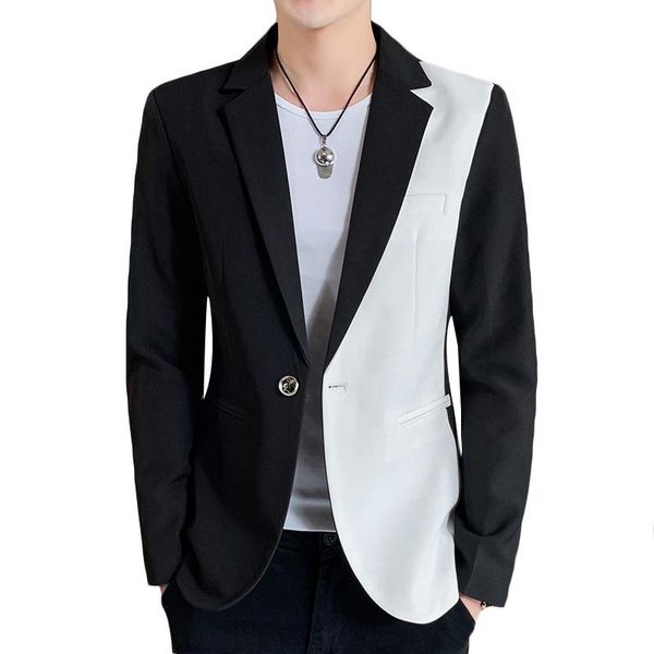 men's suits & blazers slim fit casual jacket men blazer single button mens suit black white patchwork jackets, White;black
men's suits & blazers slim fit casual jacket men blazer single button mens suit black white patchwork jackets, White;black