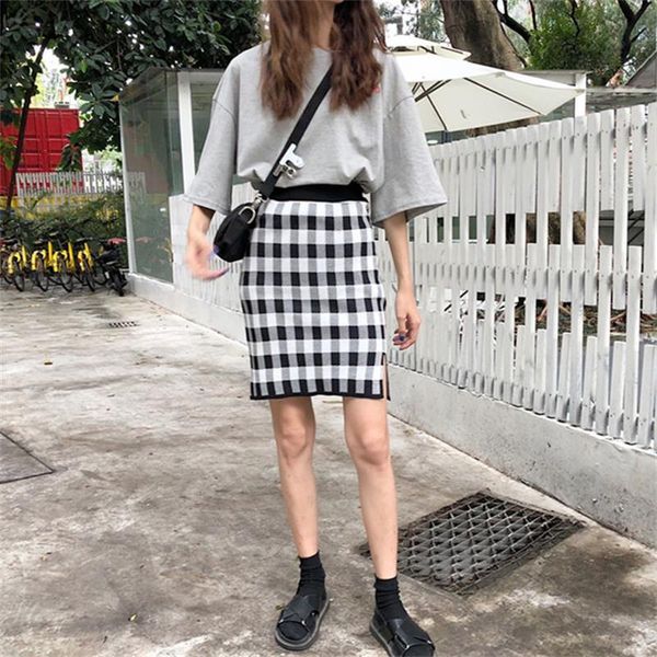skirts high waist slim plaid split skirt, Black