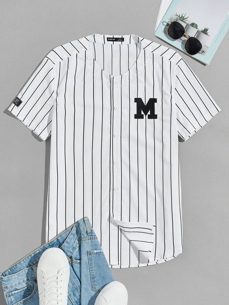 men striped button-front baseball tee i16m#, White;black 
men striped button-front baseball tee i16m#, White;black