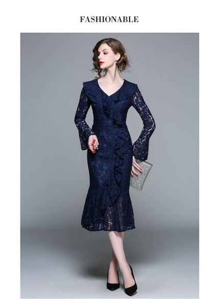 women dark blue lace new spring autumn office lady v neck long flare sleeve ruffles party bodycon mermaid midi dress, Black;gray
women dark blue lace new spring autumn office lady v neck long flare sleeve ruffles party bodycon mermaid midi dress, Black;gray