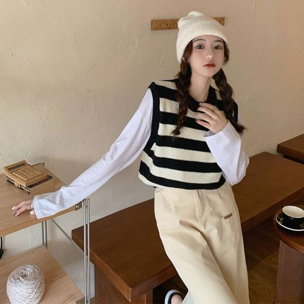 autumn winter round neck thin stripe knitted vest women chic fashion, White 
autumn winter round neck thin stripe knitted vest women chic fashion, White
