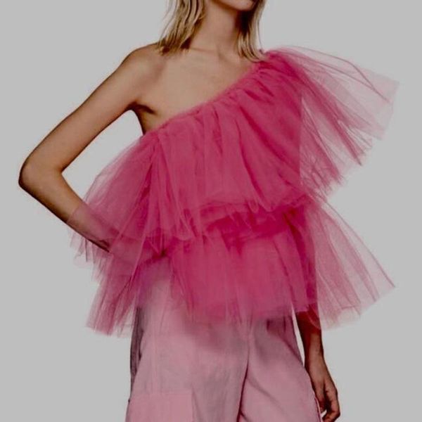 fuchsia one shoulder shirt chic ruffle tulle blouse wear females tiered custom made any color women's swimwear, White;black
fuchsia one shoulder shirt chic ruffle tulle blouse wear females tiered custom made any color women's swimwear, White;black