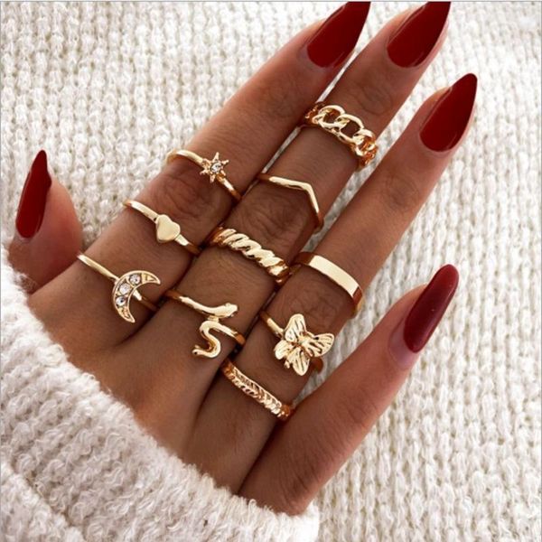 cluster rings 10pcs /set creative bohe chain ring retro studded crescent butterfly love for women jewelry punk accessories, Golden;silver