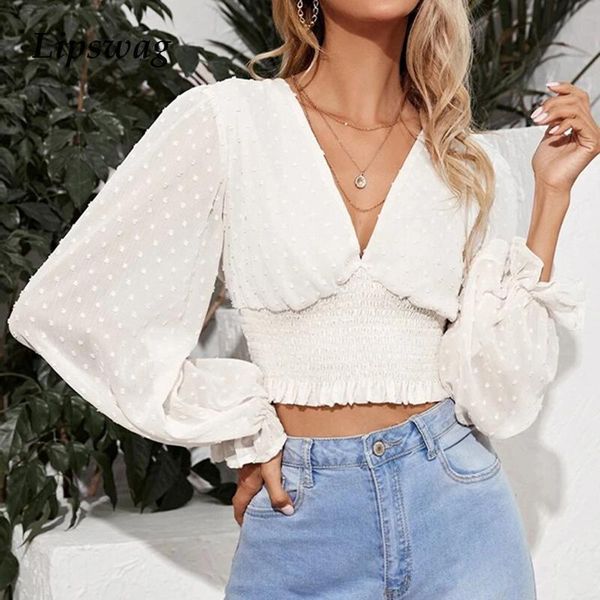 women's blouses & shirts autumn spring women long sleeve chiffon blouse casual v-neck elastic waist short 2021 female slim fashion muj, White 
women's blouses & shirts autumn spring women long sleeve chiffon blouse casual v-neck elastic waist short 2021 female slim fashion muj, White