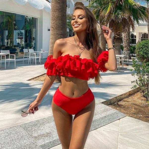 women's swimwear 2021 double ruffle bikinis women swimsuit red high waist off the shoulder bathing suit beachwear bandeau biquini, White;black
women's swimwear 2021 double ruffle bikinis women swimsuit red high waist off the shoulder bathing suit beachwear bandeau biquini, White;black