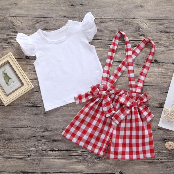 clothing sets toddler girl's summer outfit white flying sleeve round neck t-shirt + plaid suspender shorts
clothing sets toddler girl's summer outfit white flying sleeve round neck t-shirt + plaid suspender shorts