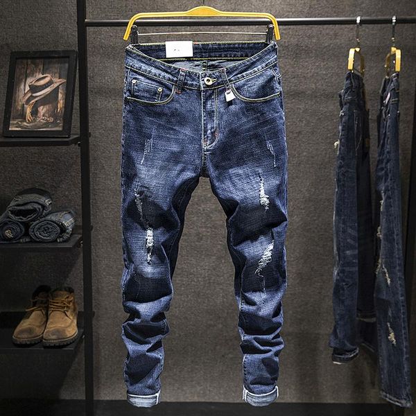 men's jeans 2021 foreign trade korean trend slim elastic feet pants, Blue