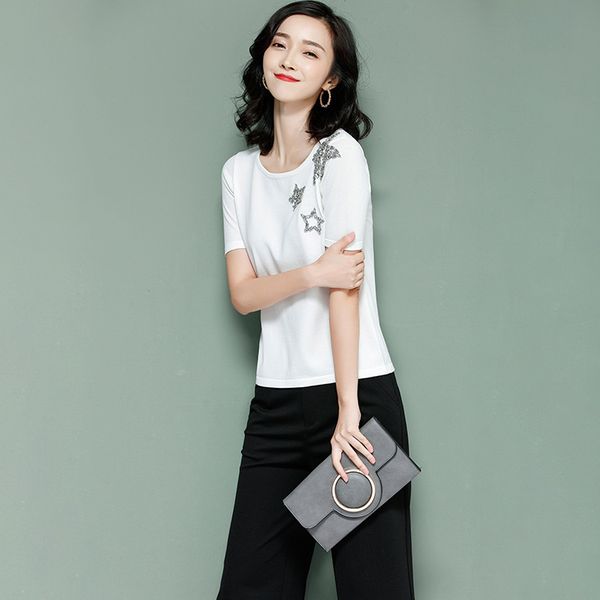 2021 summer new fashion thin tee handmade rhinestone five-pointed star round neck short sleeve female knitwear t-shirt, White
2021 summer new fashion thin tee handmade rhinestone five-pointed star round neck short sleeve female knitwear t-shirt, White