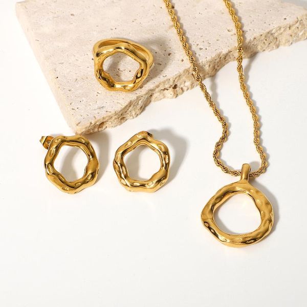 earrings & necklace gold plated stainless steel irregular circle pendant for women stud rings jewelry set, Silver
earrings & necklace gold plated stainless steel irregular circle pendant for women stud rings jewelry set, Silver