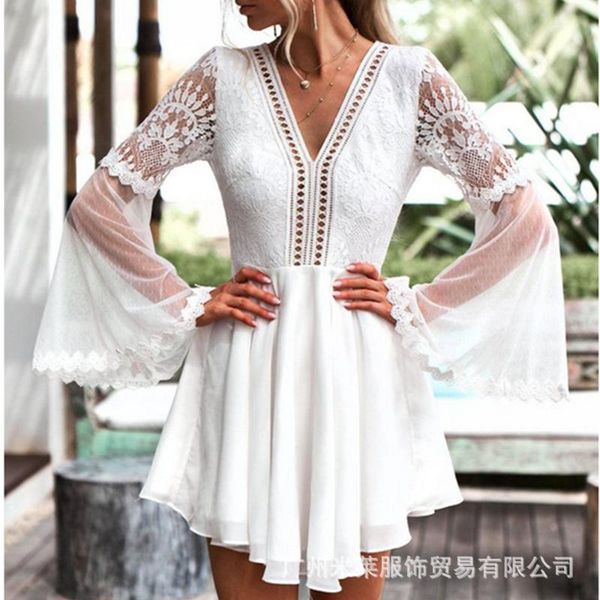 party dresses 2021 lace summer white crochet cut out v-neck strap long sleeve flared ladies' dress, White;black
party dresses 2021 lace summer white crochet cut out v-neck strap long sleeve flared ladies' dress, White;black