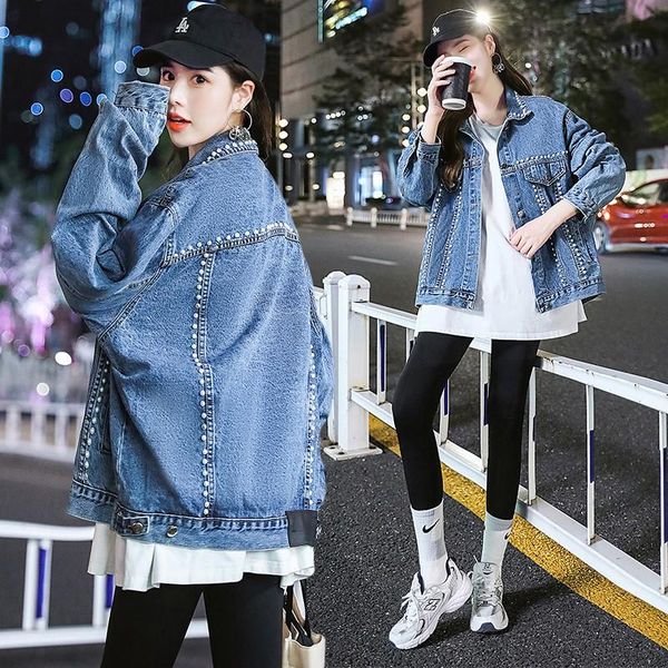 women's jackets 2021 spring autumn women's jeans jacket hip hop beaded pearls denim women basic coat loose streetwear femme overcoa, Black;brown
women's jackets 2021 spring autumn women's jeans jacket hip hop beaded pearls denim women basic coat loose streetwear femme overcoa, Black;brown