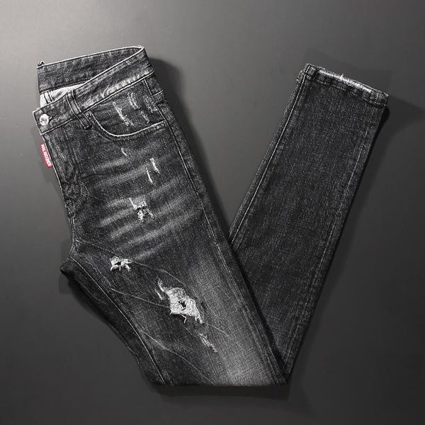 men's jeans street style fashion men black color elastic slim fit frayed hole ripped vintage designer hip hop denim pants, Blue
men's jeans street style fashion men black color elastic slim fit frayed hole ripped vintage designer hip hop denim pants, Blue