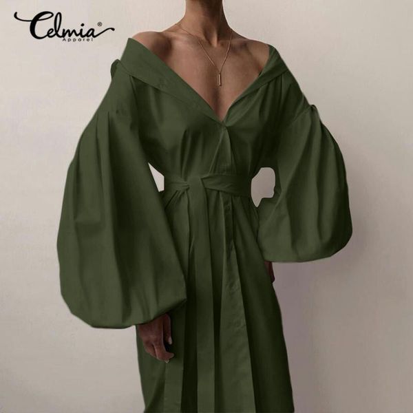 casual dresses 2021 celmia women fashion lantern sleeve belted midi trun down collar shirt vestidos loose buttons waisted robe, Black;gray
casual dresses 2021 celmia women fashion lantern sleeve belted midi trun down collar shirt vestidos loose buttons waisted robe, Black;gray