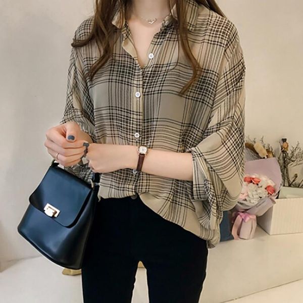women's blouses & shirts spring autumn plaid women batwing sleeve buttons chiffon casual loose shirt clothes, White
women's blouses & shirts spring autumn plaid women batwing sleeve buttons chiffon casual loose shirt clothes, White
