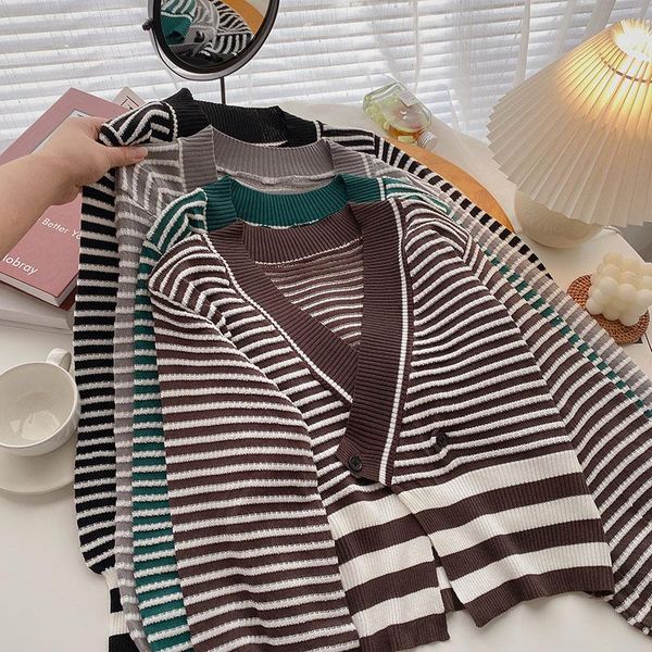 women's knits & tees 2021 autumn fashion women striped long sleeve sweater irregular cropped cardigan korean style outerwear vintage fe, White
women's knits & tees 2021 autumn fashion women striped long sleeve sweater irregular cropped cardigan korean style outerwear vintage fe, White