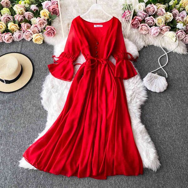 red/white chiffon long dress vintage flare sleeve v-neck single breasted women's dresses female autumn vestidos 210426, Black;gray
red/white chiffon long dress vintage flare sleeve v-neck single breasted women's dresses female autumn vestidos 210426, Black;gray