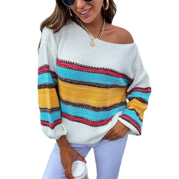 women's sweaters 2021 fashion women sweater casual one-word collar pullover rainbow stripes contrast color loose knit, White;black
women's sweaters 2021 fashion women sweater casual one-word collar pullover rainbow stripes contrast color loose knit, White;black