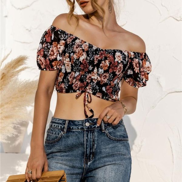 women short sleeve off shoulder crop boho floral drawstring hem shirt l41b women's t-shirt, White
women short sleeve off shoulder crop boho floral drawstring hem shirt l41b women's t-shirt, White