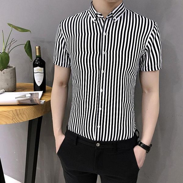 men's casual shirts short sleeve striped shirt summer korean fashion handsome youth black and white bottoming half, White;black
men's casual shirts short sleeve striped shirt summer korean fashion handsome youth black and white bottoming half, White;black