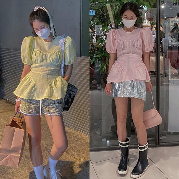 women's t-shirt 2021 summer girl round neck bubble sleeve short waist solid color medium long shirt, White
women's t-shirt 2021 summer girl round neck bubble sleeve short waist solid color medium long shirt, White