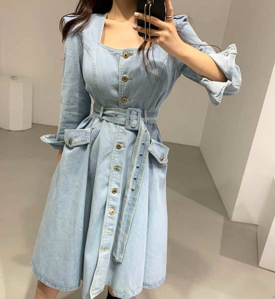 dresses korean elegant square neck single breasted button lace up slim waist pocket loose solid long sleeve denim, Black;gray
dresses korean elegant square neck single breasted button lace up slim waist pocket loose solid long sleeve denim, Black;gray