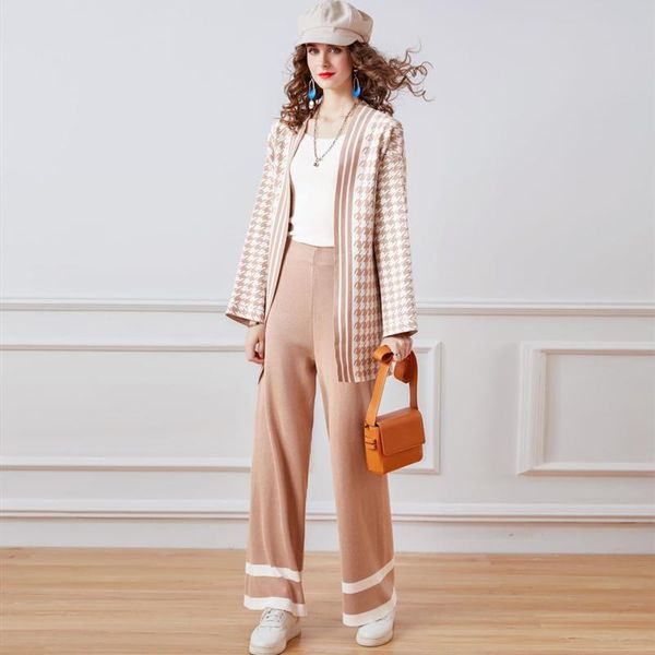 women's tracksuits arrival autumn winter sweater pants two piece set women houndstooth lace-up knitted cardigan jacket and wide leg, Gray
women's tracksuits arrival autumn winter sweater pants two piece set women houndstooth lace-up knitted cardigan jacket and wide leg, Gray