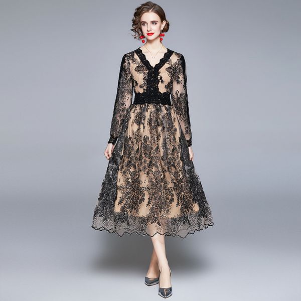 high end autumn dress lace v-neck long sleeve slim fit mesh sequin embroidered french, Black;gray
high end autumn dress lace v-neck long sleeve slim fit mesh sequin embroidered french, Black;gray
