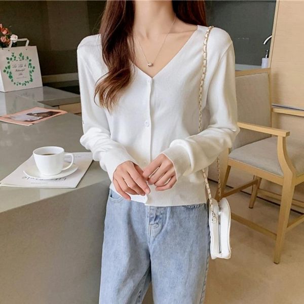 women's knits & tees 2021 korean spring summer loose retro v-neck knitted cardigan women casual solid color single breasted sweater, White
women's knits & tees 2021 korean spring summer loose retro v-neck knitted cardigan women casual solid color single breasted sweater, White