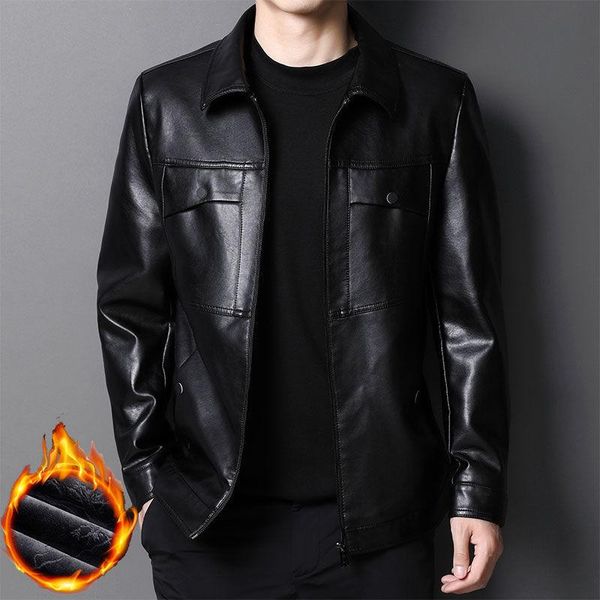men's leather & faux 2021 autumn and winter korean style young middle-aged lapel long-sleeved cardigan jacket, Black
men's leather & faux 2021 autumn and winter korean style young middle-aged lapel long-sleeved cardigan jacket, Black