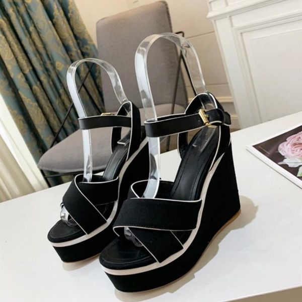 sweeheart 2021 leather high-heeled sandals women's wedge high 12cm big size 42 34-42, Black