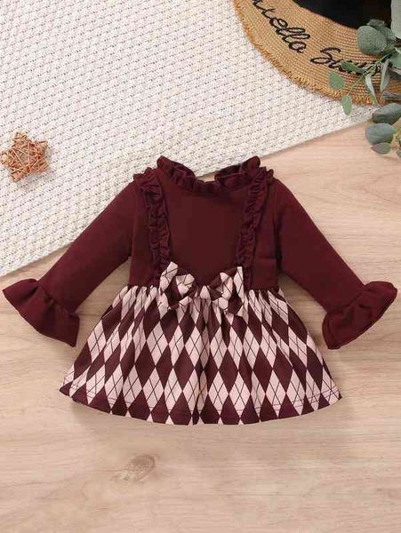baby argyle print flounce sleeve ruffle trim bow front dress she, Red;yellow