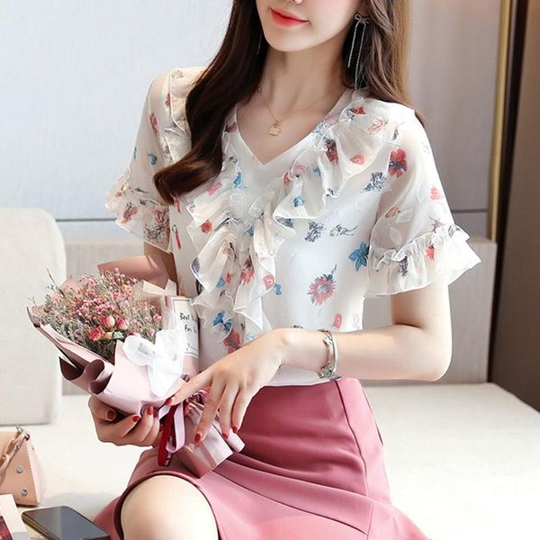 women's blouses & shirts korean chiffon women shirt woman floral blouse v neck ruffles plus size blusas femininas elegante, White
women's blouses & shirts korean chiffon women shirt woman floral blouse v neck ruffles plus size blusas femininas elegante, White