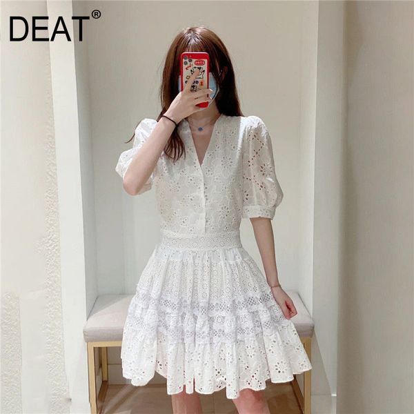 women white patchwork lace hollow out folds dress v-neck short puff sleeve slim fit fashion tide summer 7e0099 210421, Black;gray
women white patchwork lace hollow out folds dress v-neck short puff sleeve slim fit fashion tide summer 7e0099 210421, Black;gray