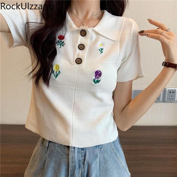 women's t-shirt button turndown neck embroidery flower graphic summer slim knit short sleeve women cute t shirt crop korean fashion, White
women's t-shirt button turndown neck embroidery flower graphic summer slim knit short sleeve women cute t shirt crop korean fashion, White