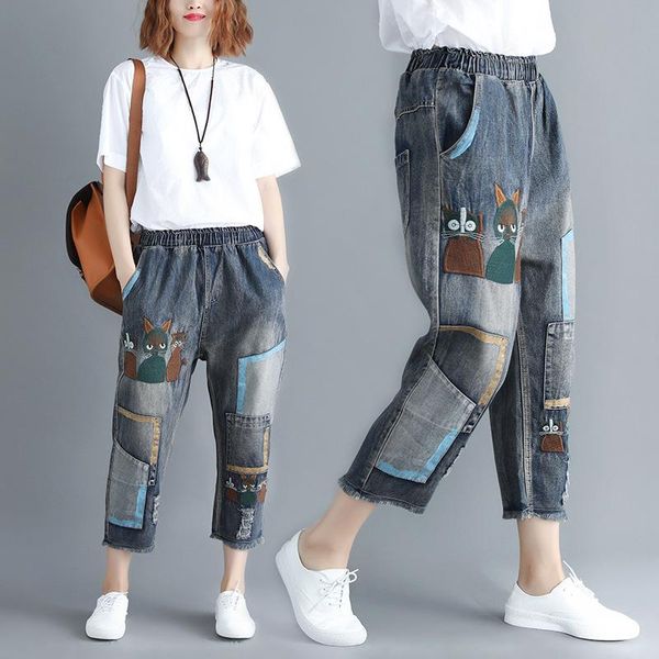 women's jeans women patchwork denim pants embroidery cartoon ripped burrs bleached elastic waist ankle-length straight female fashion, Blue
women's jeans women patchwork denim pants embroidery cartoon ripped burrs bleached elastic waist ankle-length straight female fashion, Blue