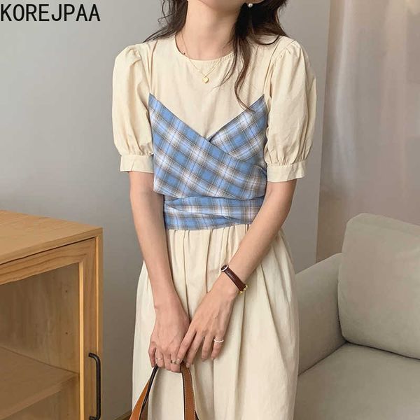 korejpaa women dress summer korean chic french round neck cross check lace stitching fake two-piece puff sleeve vestidos 210526, Black;gray
korejpaa women dress summer korean chic french round neck cross check lace stitching fake two-piece puff sleeve vestidos 210526, Black;gray