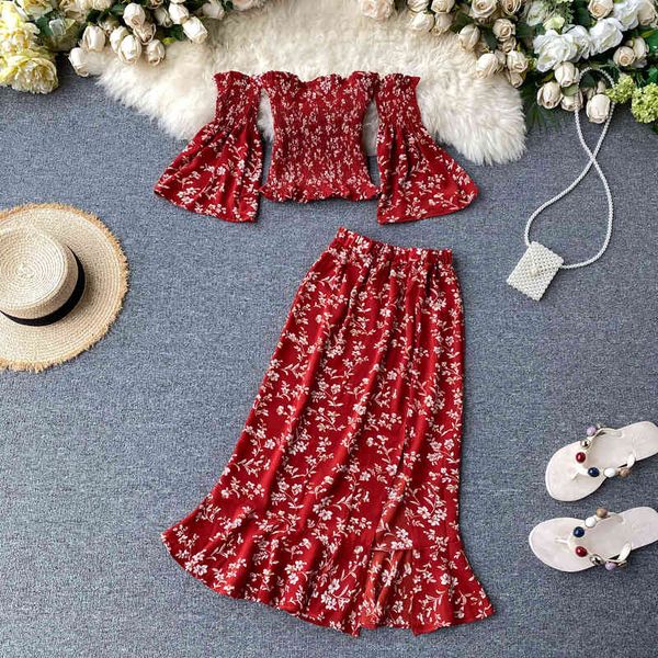 red boho off shoulder summer floral print midi long party two piece outfits women casual beach split es, White
red boho off shoulder summer floral print midi long party two piece outfits women casual beach split es, White