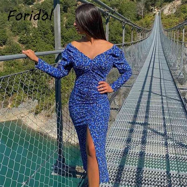 v neck floral print slit long dress women vintage sleeve boho spring autumn ruched maxi blue party 210427, Black;gray 
v neck floral print slit long dress women vintage sleeve boho spring autumn ruched maxi blue party 210427, Black;gray