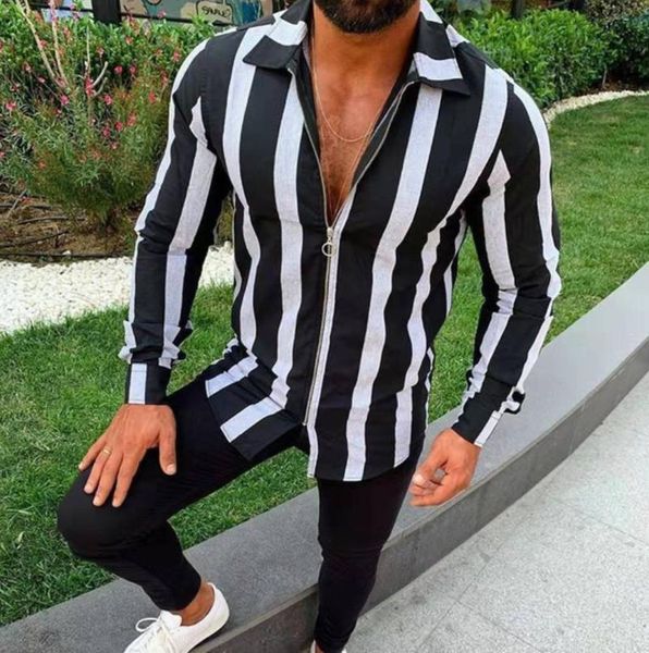 men's casual shirts 2022 autumn style striped slim-fit zipper cardigan street fashion trendy long-sleeved shirt, White;black
men's casual shirts 2022 autumn style striped slim-fit zipper cardigan street fashion trendy long-sleeved shirt, White;black