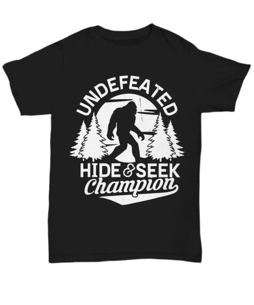 undefeated hide and seek champion bigfoot t-shirt sasquatch camping tee gifts, White;black
undefeated hide and seek champion bigfoot t-shirt sasquatch camping tee gifts, White;black