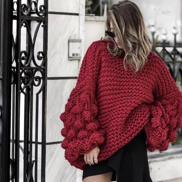 women's sweaters jastie 2021 autumn and winter fashion hand-knitted sweater high neck ball lantern sleeves loose pullover women, White;black 
women's sweaters jastie 2021 autumn and winter fashion hand-knitted sweater high neck ball lantern sleeves loose pullover women, White;black