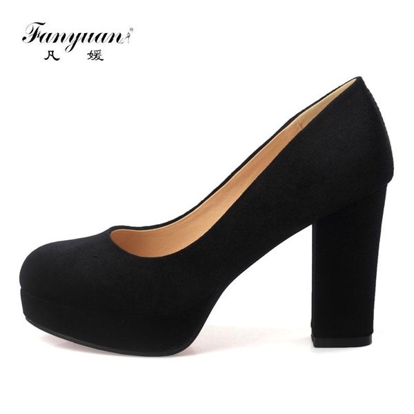 fanyuan high heels 9 cm flock obuwie damskie sepatu safety women's shoes round toe party ladies slip-on pumps dress, Black