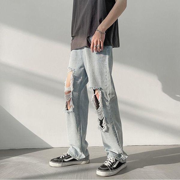 men's jeans high waist ripped hip hop loose straight pants streetwear trousers beggar baggy vintage 90s skater, Blue
men's jeans high waist ripped hip hop loose straight pants streetwear trousers beggar baggy vintage 90s skater, Blue