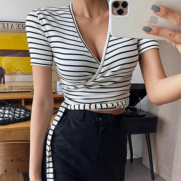 women's t-shirt bandage bow lace up v-neck t women short sleeve slim crop club female black white striped tee femme 871t
women's t-shirt bandage bow lace up v-neck t women short sleeve slim crop club female black white striped tee femme 871t