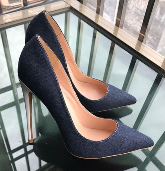 european and american women's spring denim stitching white-heeled high-heeled shoes tip shallow slipper si dress, Black
european and american women's spring denim stitching white-heeled high-heeled shoes tip shallow slipper si dress, Black
