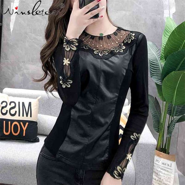 long sleeve vintage elegant t-shirt mesh gauze patchwork pu leather t shirt autumn fleece women tshirt with diamante t07628b 210421, White
long sleeve vintage elegant t-shirt mesh gauze patchwork pu leather t shirt autumn fleece women tshirt with diamante t07628b 210421, White